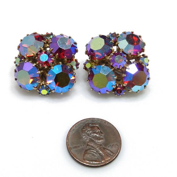 Vintage 1960s Red Aurora Borealis Rhinestone Clip Earrings, Gold Plated - Picture 6 of 10